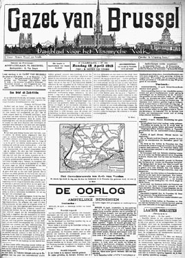 Voorpagina van het gecensureerde dagblad "Gazet van Brussel", op 18 april 1915. (Cegesoma, collectie The Belgian War Press)