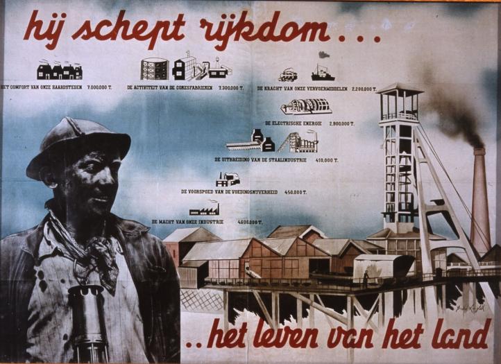 Illustration : affiche de recrutement 'Il crée de la richesse' conçue par André Linglet, ca 1950 (Archives du musée de la mine de Beringen)