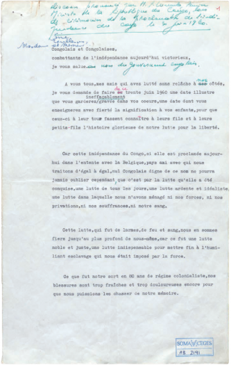 Extrait du discours de Lumumba, 30.06.1960, texte dactylographié (ancienne réf. AB2191), CegeSoma/Archives de l'Etat, tous droits réservés. 