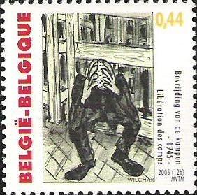 Stamp from the series "War and Peace" issued by the Belgian Post in 2005, on the occasion of the 60th anniversary of the liberation of the camps. Lithography by Wilchar. 